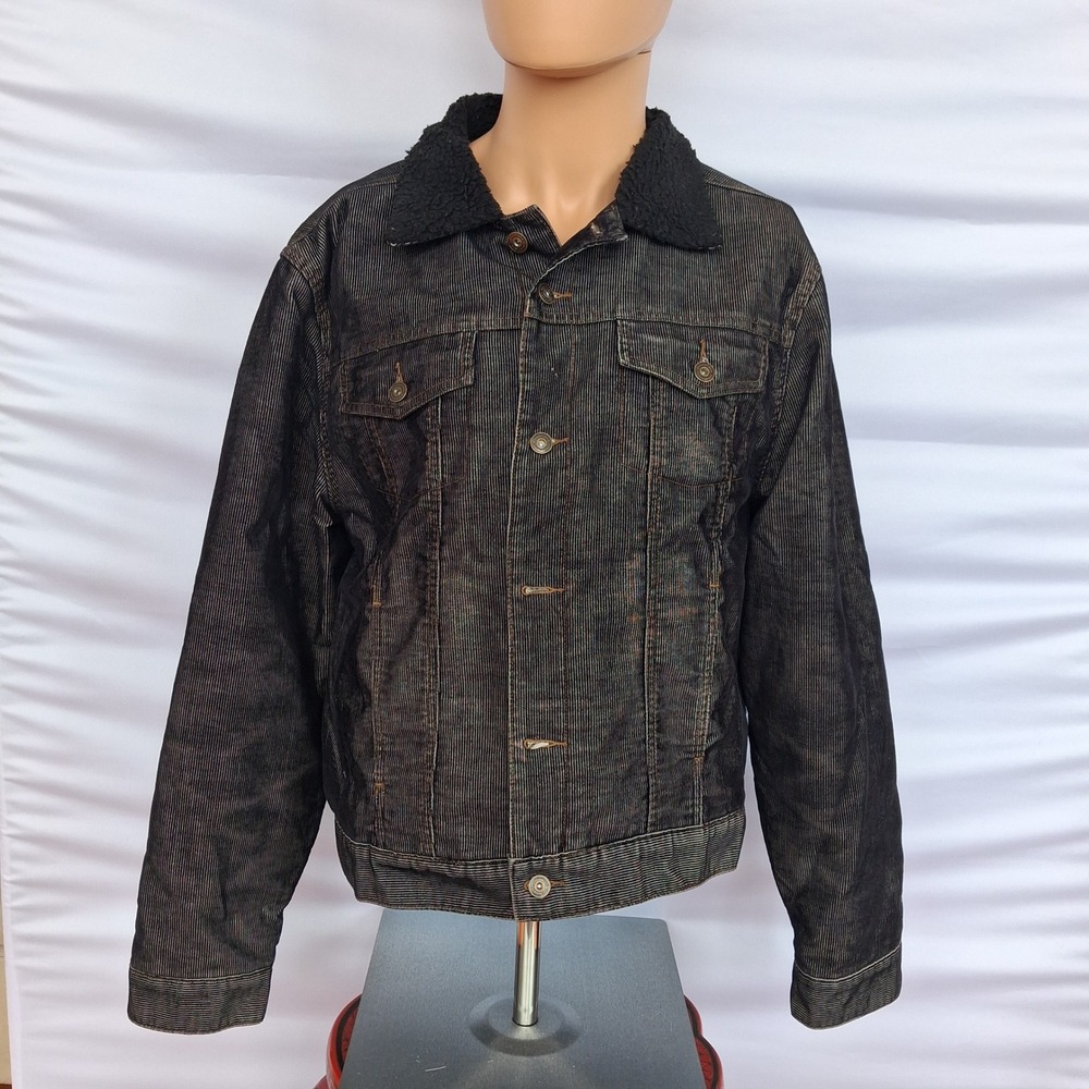 Atmosphere Mens Corduroy Trucker Jacket Dark Wash Faux Shearling Collar M/L